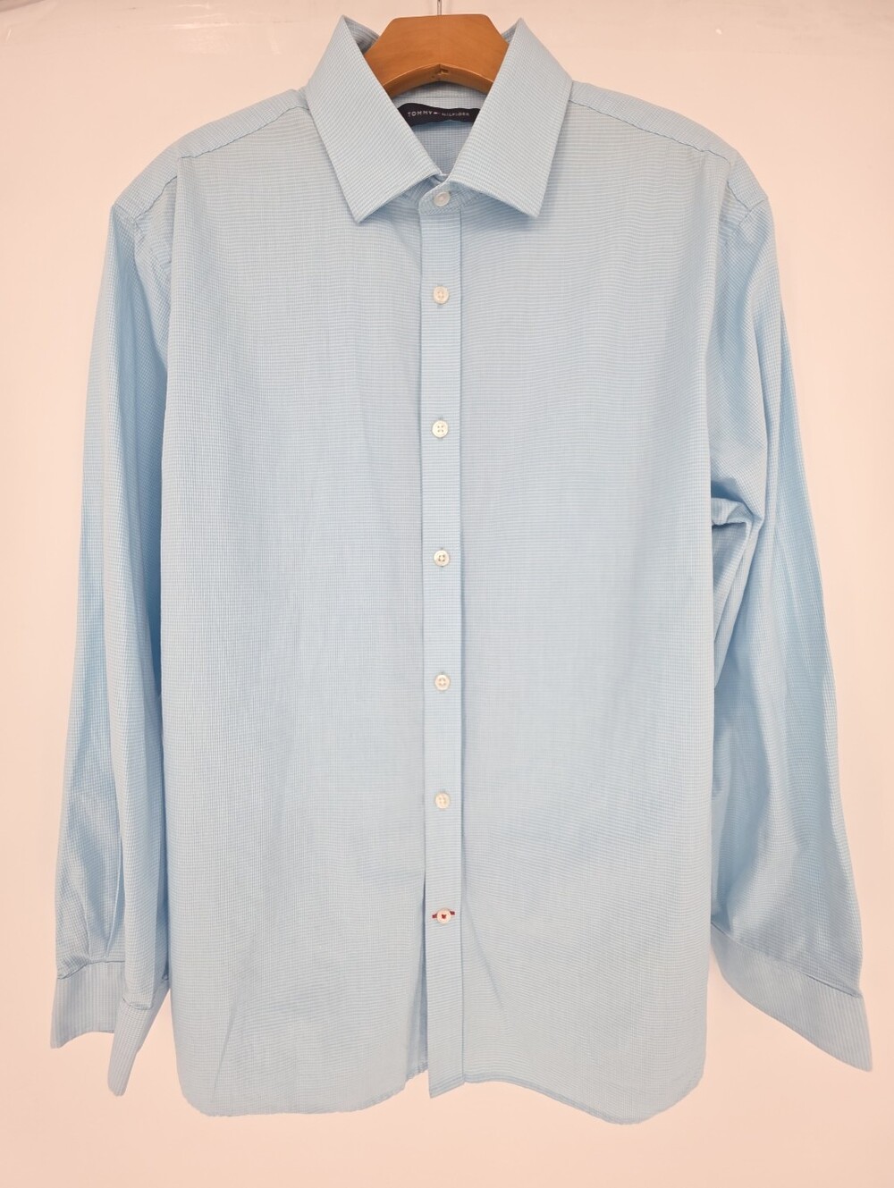 Tommy Hilfiger Slim Fit Dress Shirt Mens L 16.5 32/33 Blue Check 100% Cotton‎